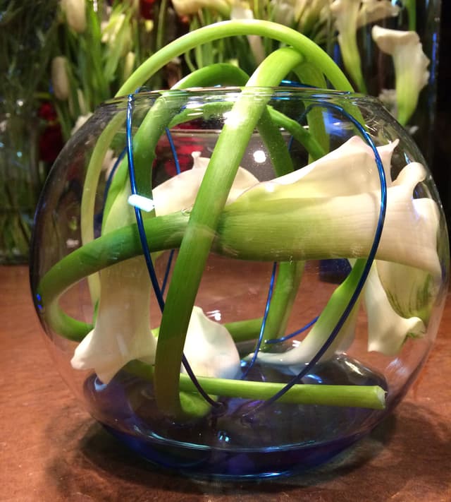 White calla lilies arched inside a glass bowl with blue accents