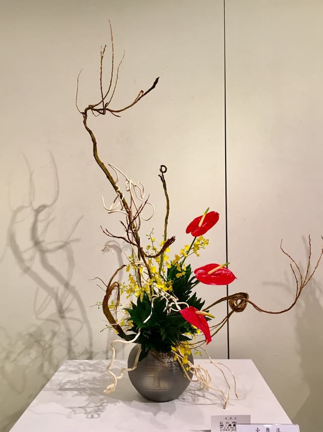 Ohara-ryū ikebana with bare branches, red anthurium, and yellow blooms in a ceramic vase
