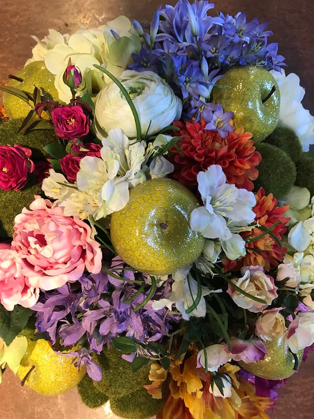 Silk English garden arrangement with roses, fruit, and mixed blooms