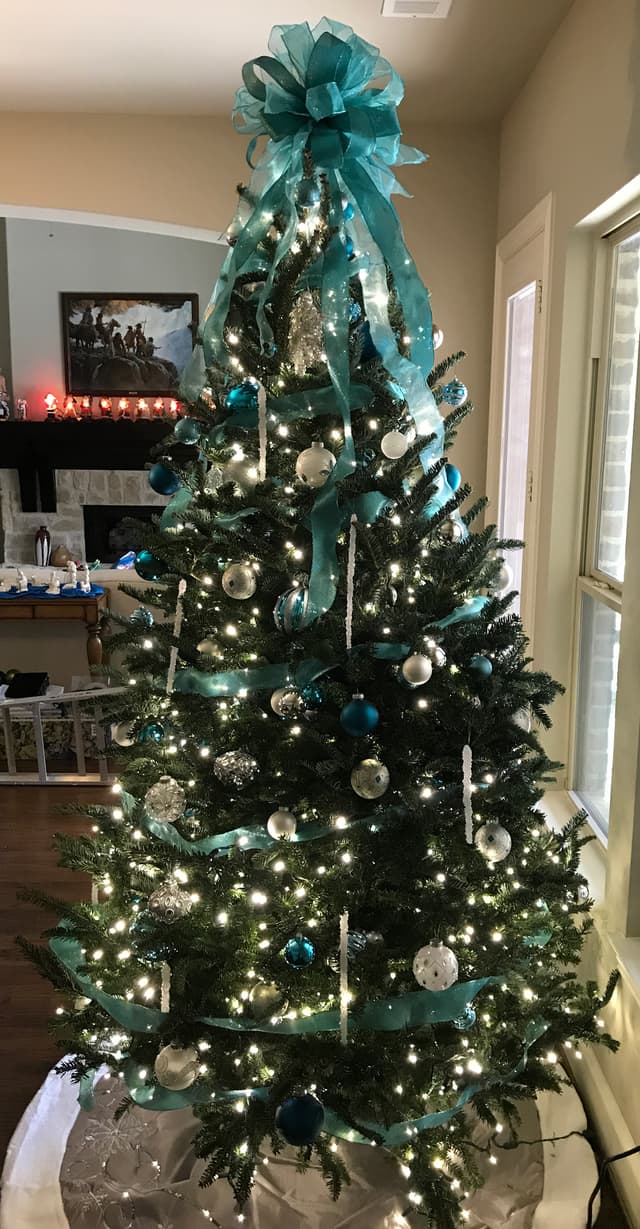Fresh Christmas tree custom-decorated in teal ribbon and silver ornaments